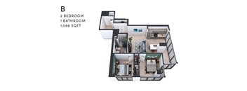 A 3D floor plan of apartment B with 2 bedrooms and 1 bathroom.