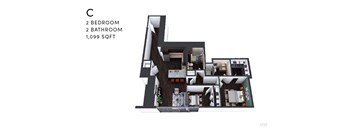 A 1,099 square foot home with two bedrooms and two bathrooms.
