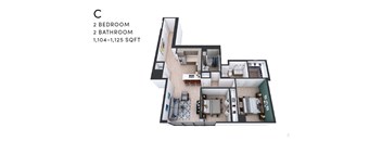 A floor plan of a house with two bedrooms and two bathrooms.