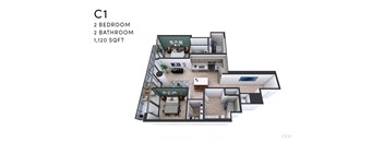 A floor plan of apartment C1 with 2 bedrooms and 2 bathrooms.