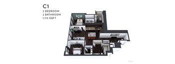 A diagram of apartment C1 with 2 bedrooms and 2 bathrooms.