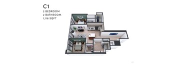 A 1,116 square foot apartment with two bedrooms and two bathrooms is displayed.