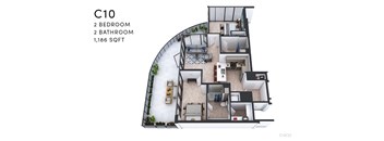 A floor plan of a C10 apartment with 2 bedrooms and 2 bathrooms.