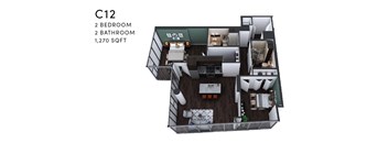 A 3D floor plan of a C12 sized apartment with 2 bedrooms and 2 bathrooms.
