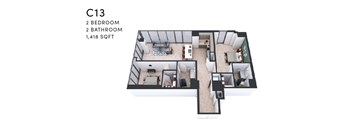 A floor plan of apartment C13 with 2 bedrooms and 2 bathrooms.