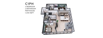 A 3D floor plan of a C1PH apartment with 2 bedrooms, 2 bathrooms, and a penthouse.