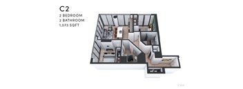 A 1,073 square foot floor plan of apartment C2 with two bedrooms and two bathrooms.