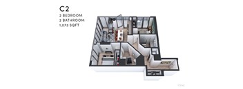 A floor plan of apartment C2 with 2 bedrooms and 2 bathrooms.