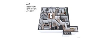 A 1,073 square foot floor plan for a C2 apartment with two bedrooms and two bathrooms.