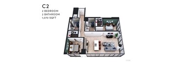 A floor plan of a C2 apartment with 2 bedrooms and 2 bathrooms.