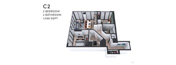 A 1,066 square foot apartment with two bedrooms and two bathrooms is displayed.