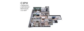 A 3D floor plan of a C3PH apartment with 2 bedrooms, 2 bathrooms, and a penthouse.