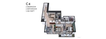 A floor plan of a C4 apartment with 2 bedrooms and 2 bathrooms.