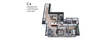 A floor plan of a C4 apartment with 2 bedrooms and 2 bathrooms.