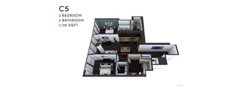 A 1,136 square foot floor plan for a C5 apartment includes two bedrooms and two bathrooms.