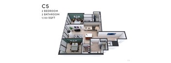 A floor plan of a C5 apartment with 2 bedrooms and 2 bathrooms.