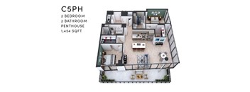 A floor plan of a C5PH apartment with 2 bedrooms, 2 bathrooms, a penthouse, and a total area of 1,454 square feet.