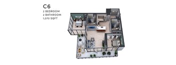 A 1,070 square foot C6 floor plan includes two bedrooms and two bathrooms.