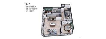 A 1,126 square foot floor plan for a C7 apartment includes two bedrooms and two bathrooms.