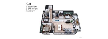 A floor plan of apartment C9 with 2 bedrooms and 2 bathrooms.