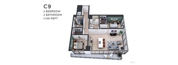 A 1,146 square foot apartment with two bedrooms and two bathrooms is displayed.