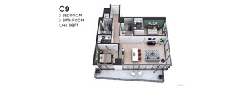 A floor plan of apartment C9 with 2 bedrooms and 2 bathrooms.