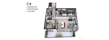 A floor plan of apartment C9 with 2 bedrooms and 2 bathrooms.
