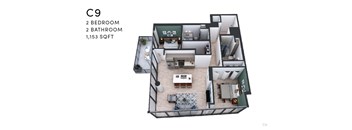 A 1,153 square foot apartment with two bedrooms and two bathrooms is displayed.