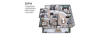 A floor plan of a DPH apartment with 3 bedrooms, 2 bathrooms, and a penthouse.