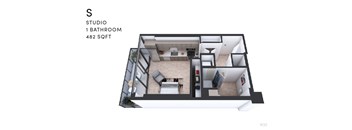 A floor plan of a studio apartment with 1 bathroom and 482 square feet.