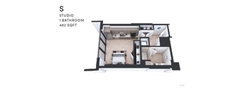 A floor plan of a studio apartment with 1 bathroom and 482 square feet.