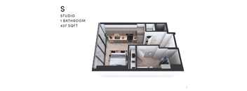 A floor plan of a studio apartment with a bathroom and a studio space.