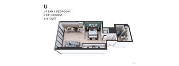 A diagram of a U shaped apartment with a bedroom, bathroom and kitchen.