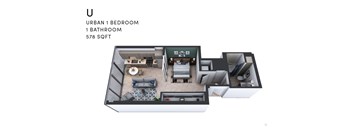 A diagram of a U shaped apartment with a bedroom, bathroom and living room.