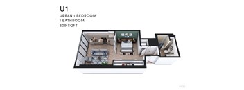 A floor plan of a U1 apartment with a bedroom, bathroom, and living room.