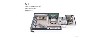 A diagram of a U1 apartment which has a bedroom, bathroom and living room.