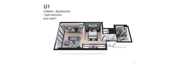 A floor plan of a U1 apartment showing a bedroom, bathroom, and living room.