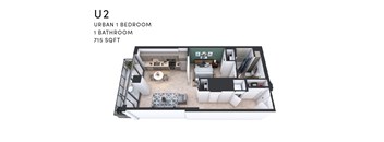 A floor plan of a U2 apartment with one bedroom and one bathroom.