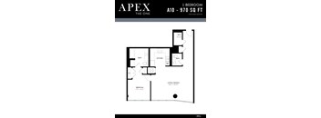 A black and white image of a floor plan for a 1 bedroom apartment.