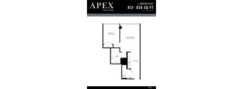 A black and white image of a floor plan for a one bedroom apartment.