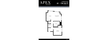 A black and white image of a floor plan for a 1 bedroom apartment.