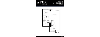 A black and white image of a floor plan for a 1 bedroom apartment.