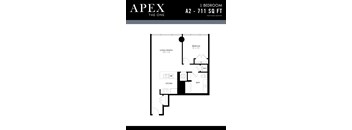 A black and white image of a floor plan for a 1 bedroom apartment.