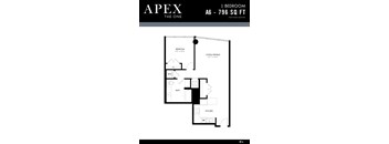 A black and white image of a floor plan for a 1 bedroom apartment.