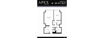 A black and white image of a floor plan for a 1 bedroom apartment.