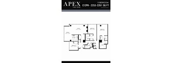 A black and white image of a 3 bedroom apartment floor plan.