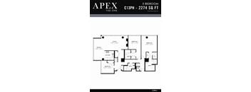 A black and white image of a 3 bedroom apartment floor plan.