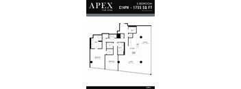 A black and white image of a 2 bedroom apartment floor plan.