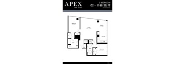 A black and white image of a floor plan for a 2 bedroom apartment.