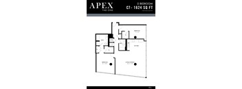 A black and white image of a floor plan for a 2 bedroom apartment.